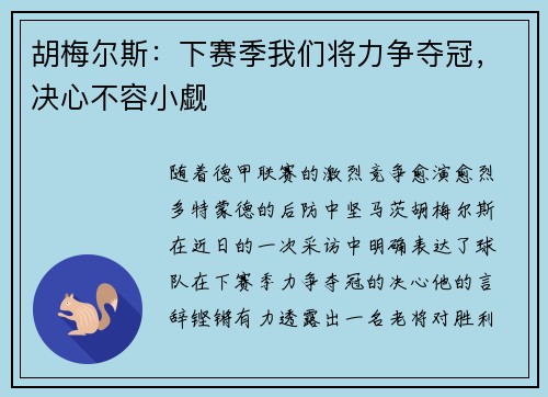 胡梅尔斯：下赛季我们将力争夺冠，决心不容小觑