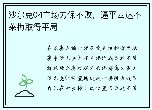 沙尔克04主场力保不败，逼平云达不莱梅取得平局